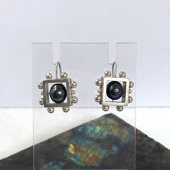 Sterling Silver 925 Modernist Style Square Freshwater Pearl Dangle Earrings - Picture 8 of 16